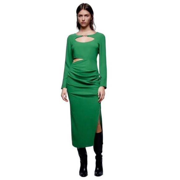 ZARA NWT WOMAN CUT OUT MIDI DRESS Green | 2298/052 - Picture 1 of 10